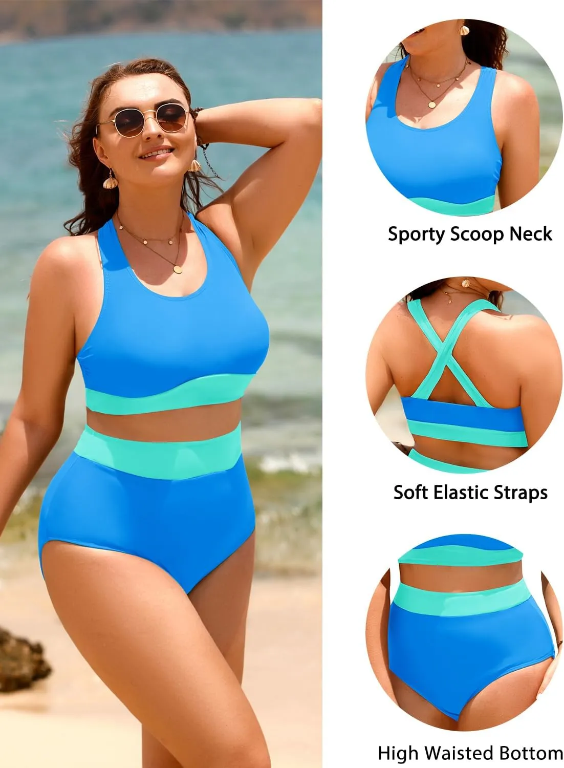 Aqua Eve Plus Size Two Piece High Waisted Bikini Swimsuits Scoop Neck Bikini Set Sporty Bathing Suits