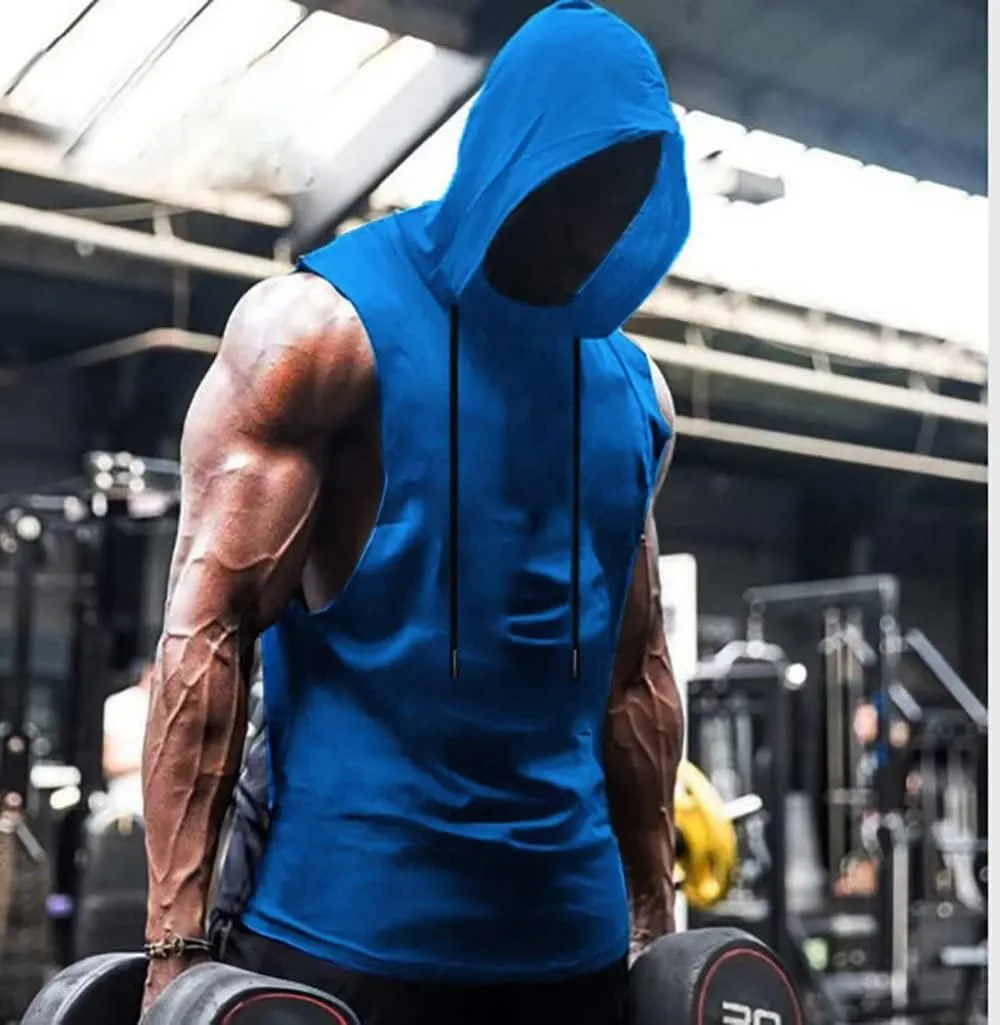 Babioboa Men's Workout Hooded Tank Tops Sports Training Sleeveless Gym Hoodies Bodybuilding Cut Off Muscle Shirts