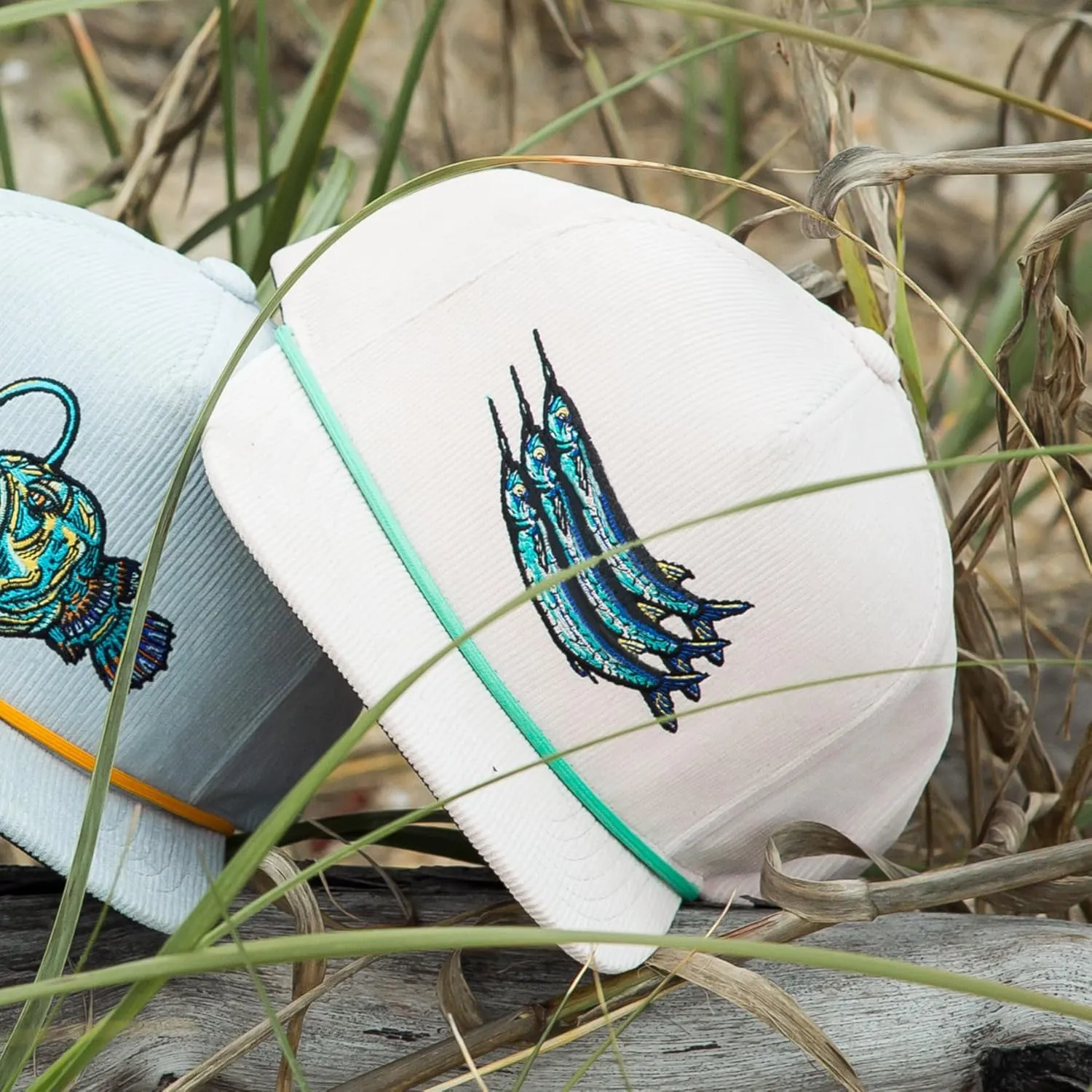 Bajo Flat Brim Fishing Hat  Marine Art Snapback Trucker Cap with Embroidered Ocean Design, Breathable and Coastal-Ready