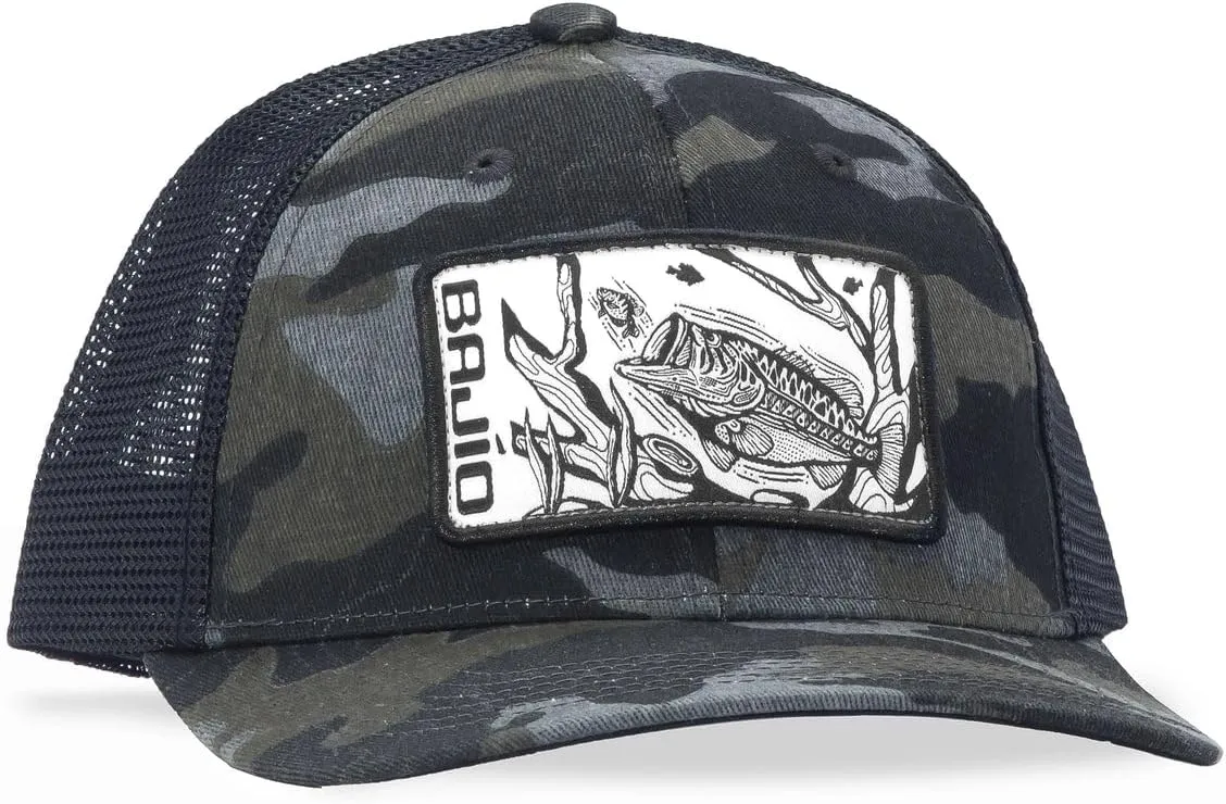 Bajo Flat Brim Fishing Hat  Marine Art Snapback Trucker Cap with Embroidered Ocean Design, Breathable and Coastal-Ready