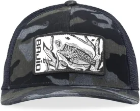 Bajo Flat Brim Fishing Hat  Marine Art Snapback Trucker Cap with Embroidered Ocean Design, Breathable and Coastal-Ready