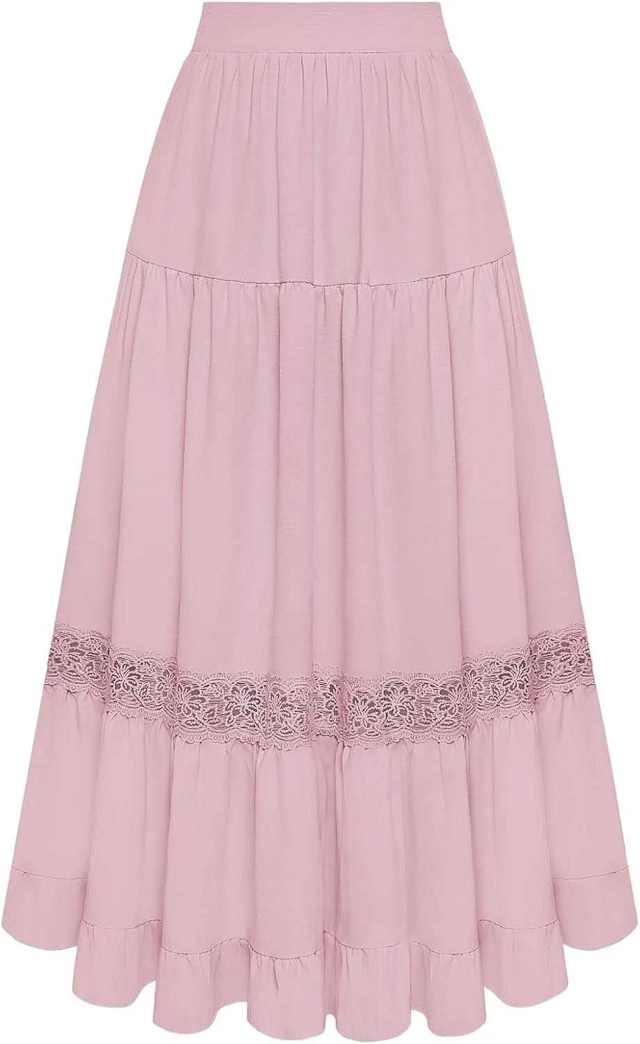 Belle Poque Women's Midi Skirt Boho Flowy Spring Summer Elastic Waist Aline Ruffle Lace Tiered Skirt with Pockets 2025