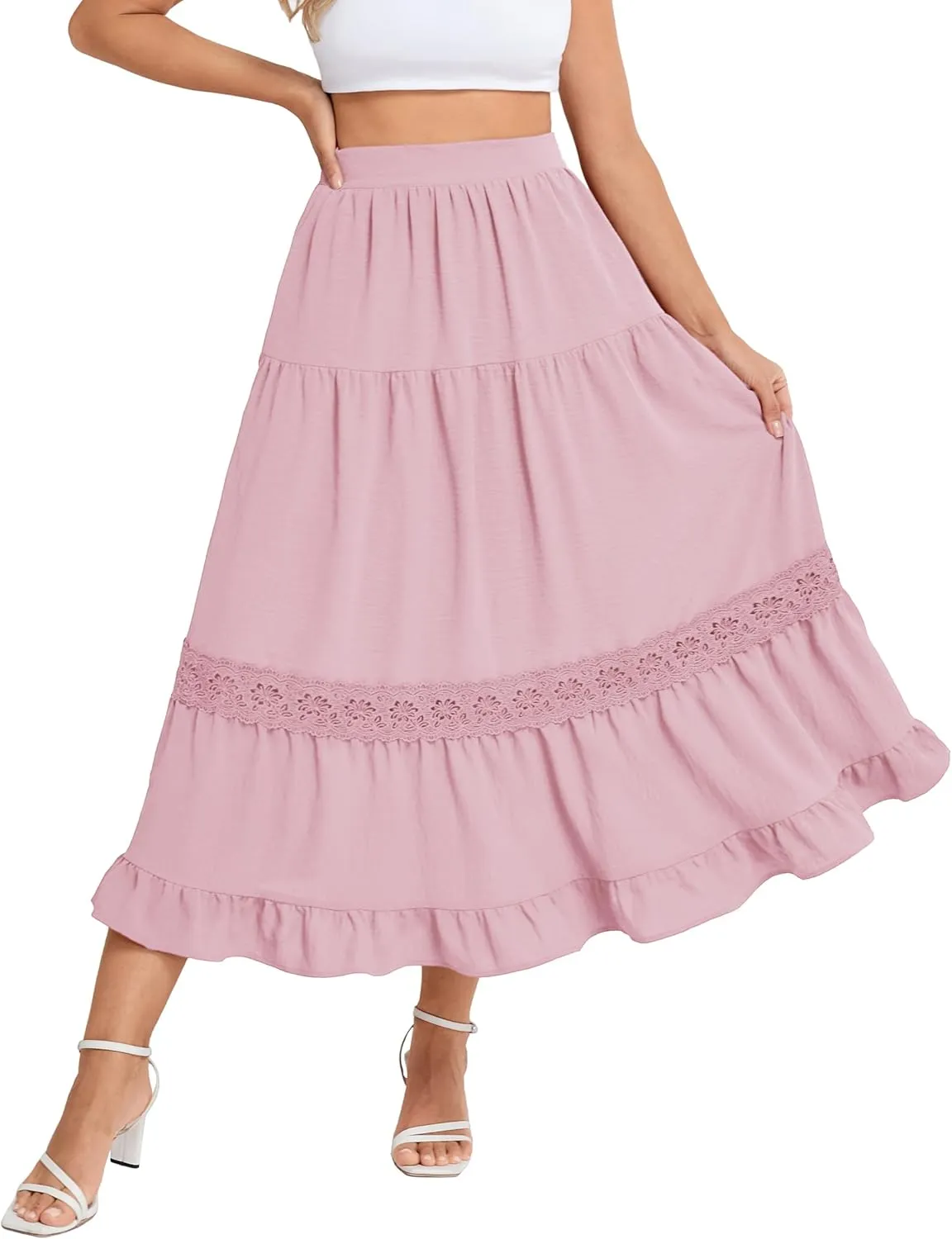 Belle Poque Women's Midi Skirt Boho Flowy Spring Summer Elastic Waist Aline Ruffle Lace Tiered Skirt with Pockets 2025