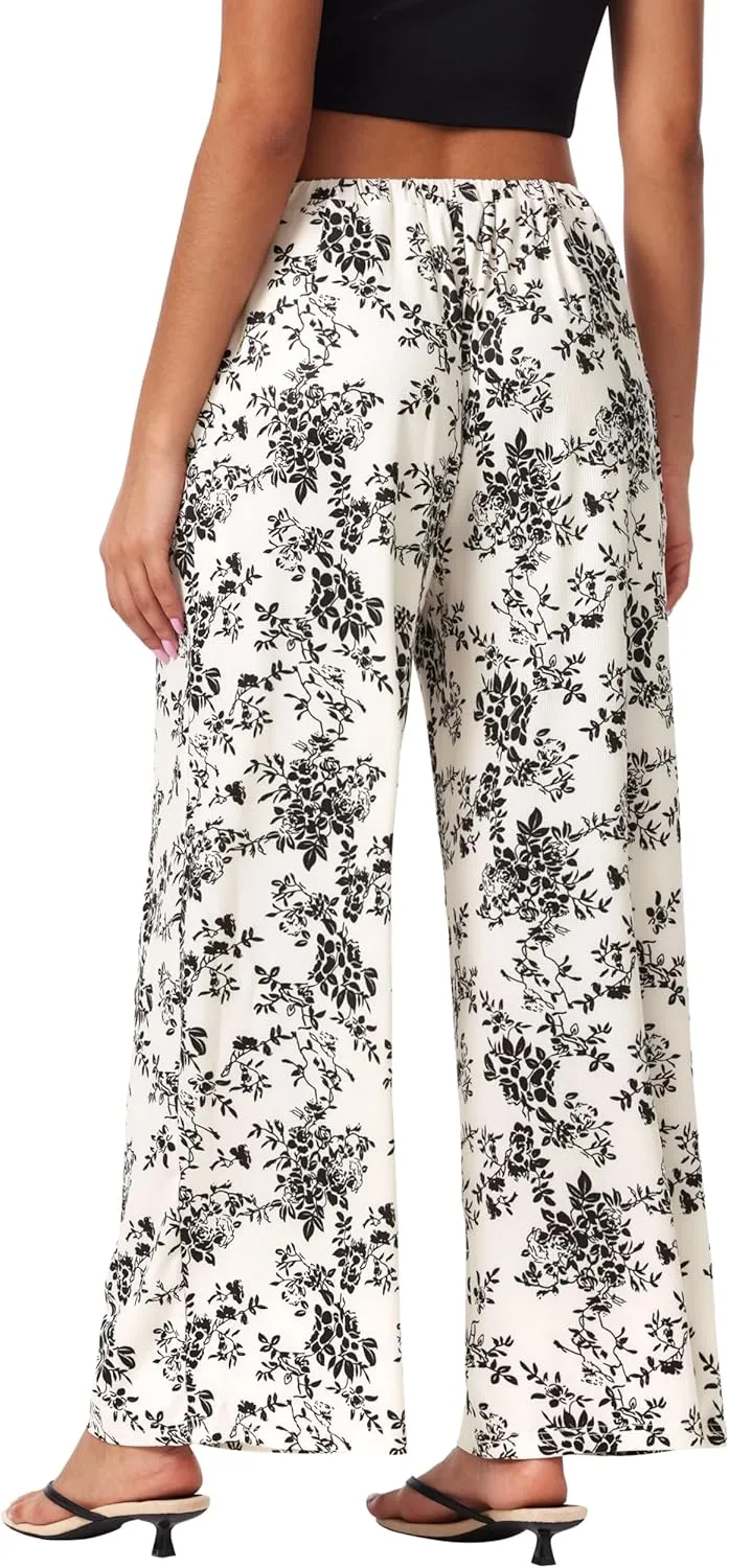 CIDER Wide Leg Palazzo Pants for Women with Pockets Elastic Business Causal Pants Women Summer for Beach Travel Trousers