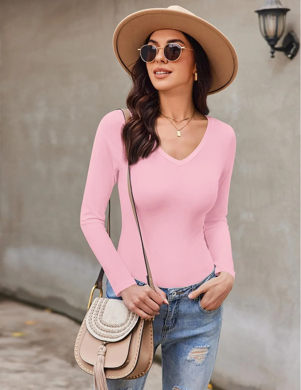 Ekouaer Long Sleeve Shirts for Women V Neck Basics Tops Lightweight Base Layer Slim Fit Top Thermal Undershirts