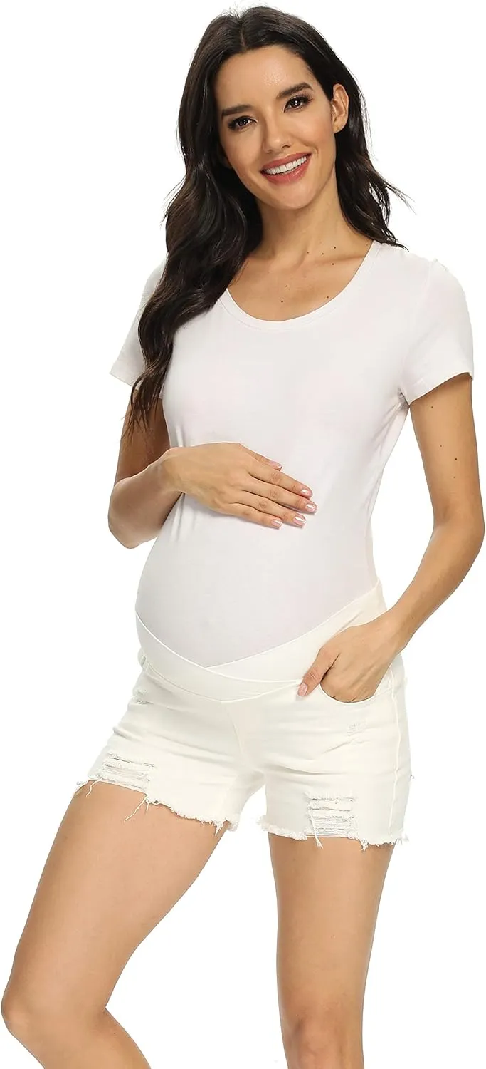 Foucome Women's Maternity Ripped Jean Shorts Summer Distressed Denim Shorts