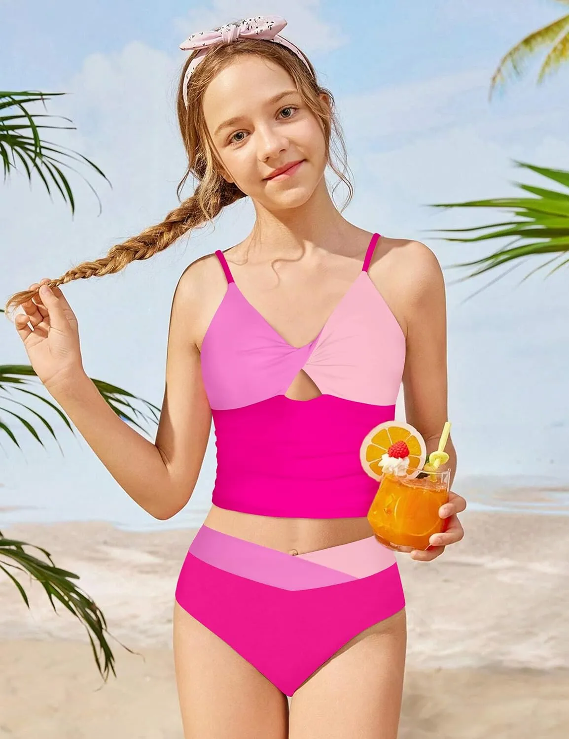 Girls Swimsuit Color Block Girls Bathing Suit Twist Tankini Set Two Piece Girl Swimwear Bikini Set for 9-16 Years