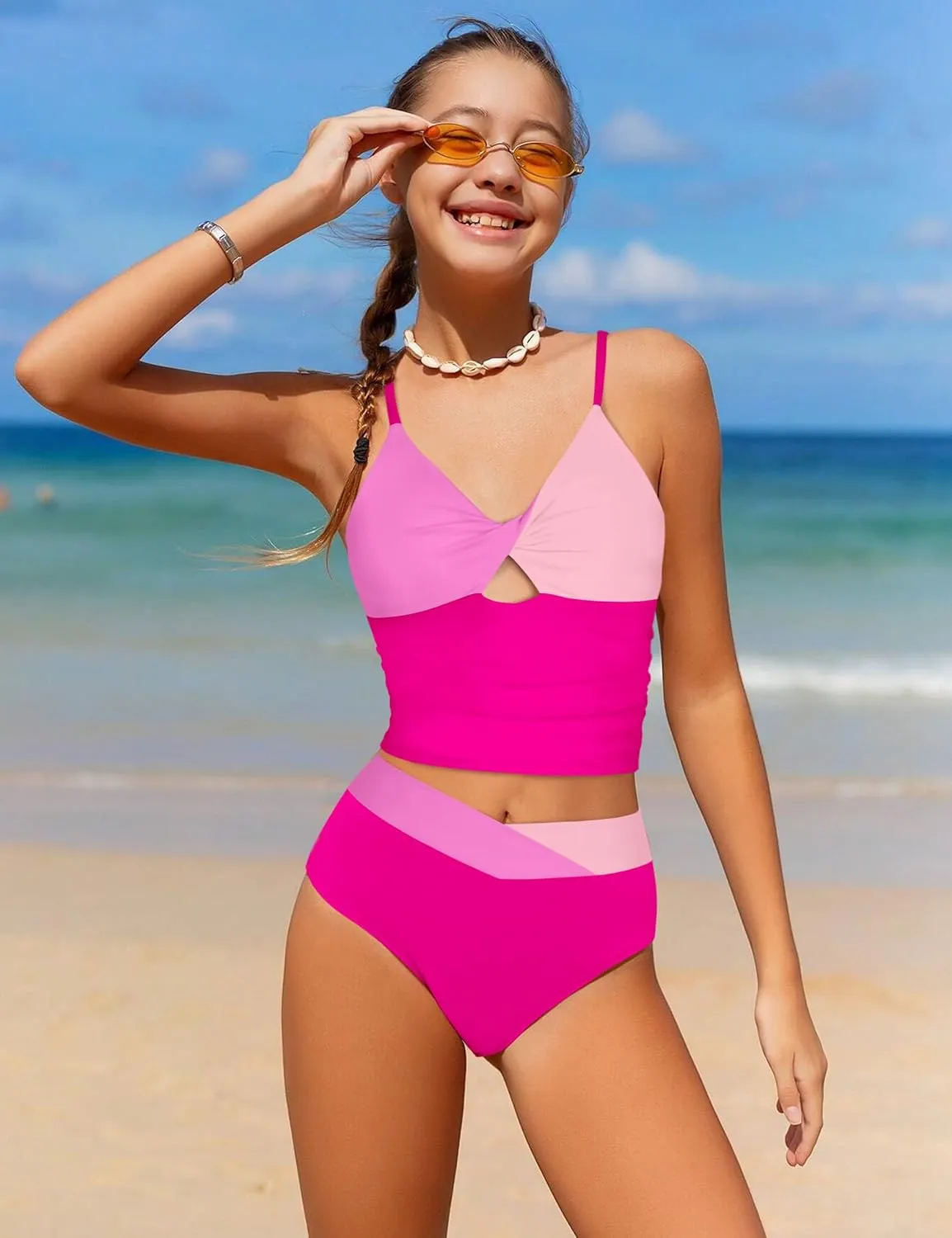 Girls Swimsuit Color Block Girls Bathing Suit Twist Tankini Set Two Piece Girl Swimwear Bikini Set for 9-16 Years
