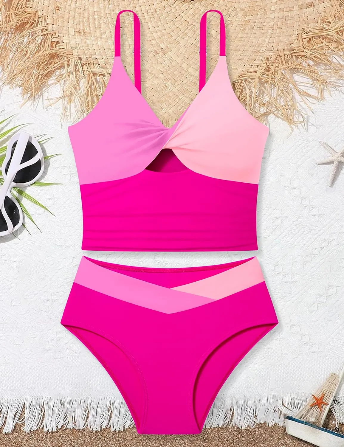 Girls Swimsuit Color Block Girls Bathing Suit Twist Tankini Set Two Piece Girl Swimwear Bikini Set for 9-16 Years