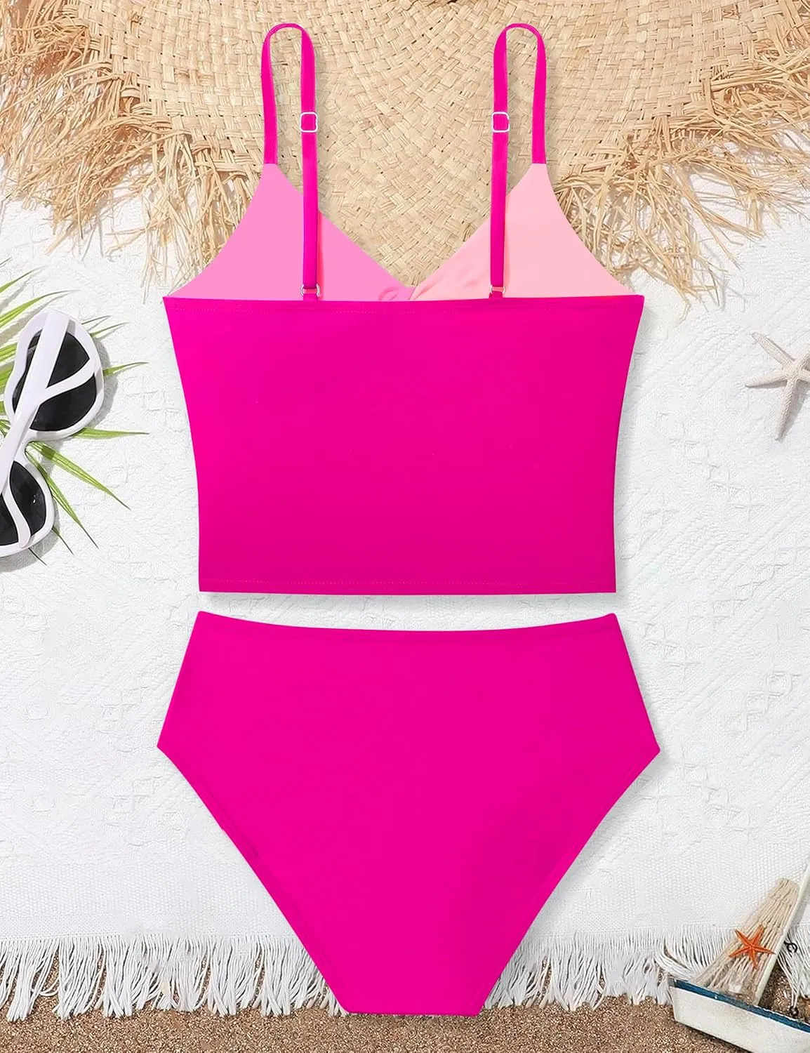 Girls Swimsuit Color Block Girls Bathing Suit Twist Tankini Set Two Piece Girl Swimwear Bikini Set for 9-16 Years