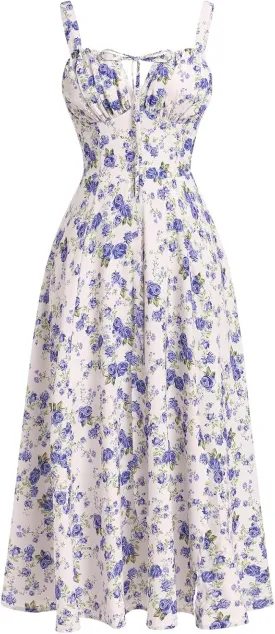 GOLDSTITCH Women's Floral Midi Dress Boho Flowy Slit Dresses