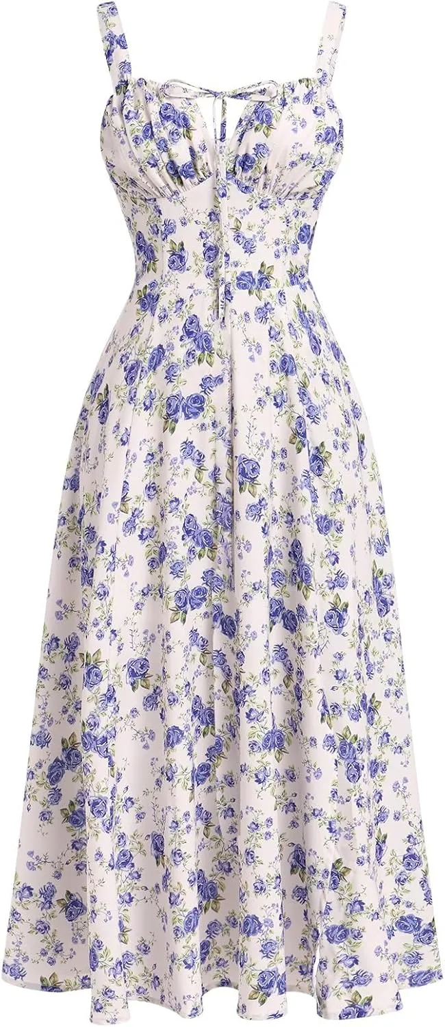 GOLDSTITCH Women's Floral Midi Dress Boho Flowy Slit Dresses