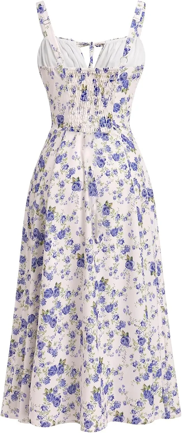 GOLDSTITCH Women's Floral Midi Dress Boho Flowy Slit Dresses