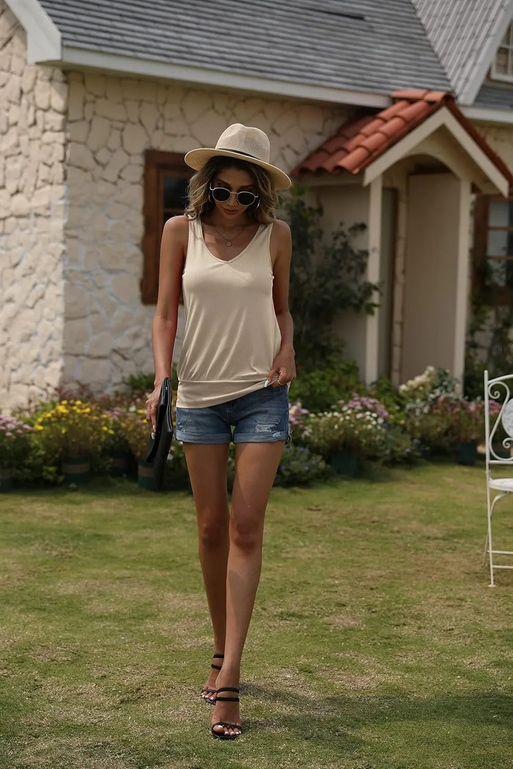 Hongqizo Women Tank Top Summer V Neck Ribbed Casual Tops Sleeveless Loose Fit Banded Bottom Camisole