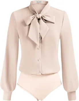 Kate Kasin Women Bow Tie Neck Office Blouse Button Down Long Sleeve Bodysuits Blouse Top