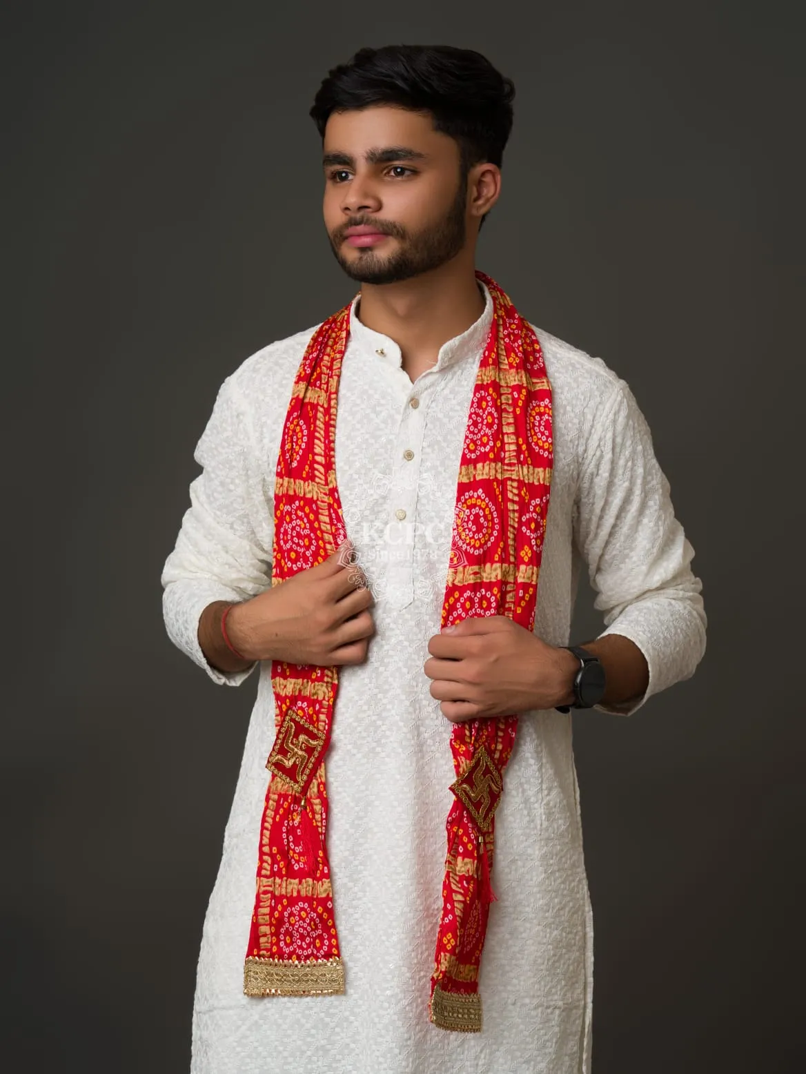 KcPc Bandhani Print Gents Red Shvashtik Dupatta For Every Events