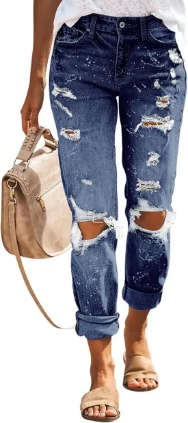 KUNMI Women's Ripped Mid Waisted Boyfriend Jeans Loose Fit Distressed Stretchy Denim Pants