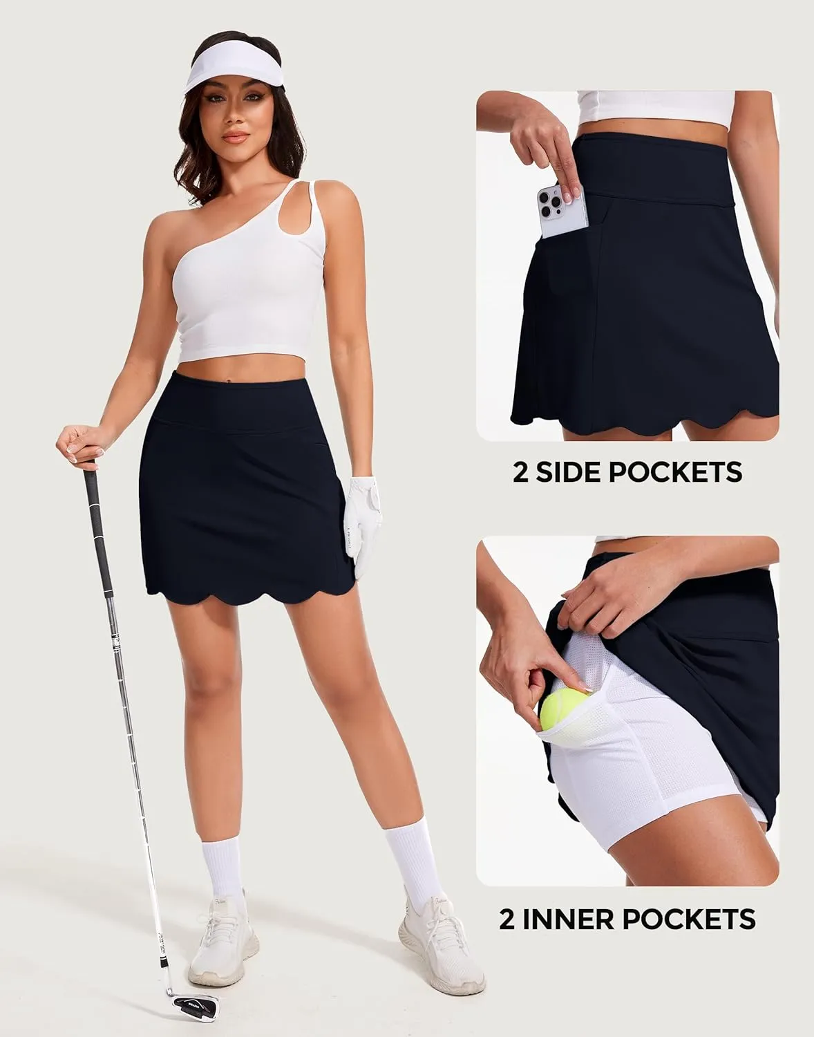M MOTEEPI Skorts for Woman with Pockets 16" Golf Athletic Skirts Scalloped Hem Tennis Skirt Dressy Casual