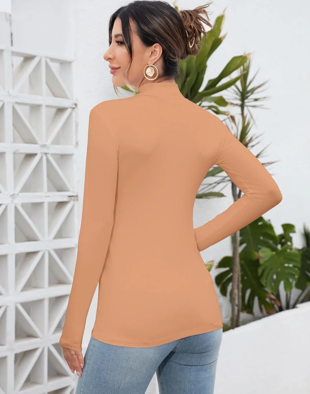 MANGDIUP Women's Mock Turtleneck Long Sleeve Sleeveless Tops Basic Slim T-Shirts