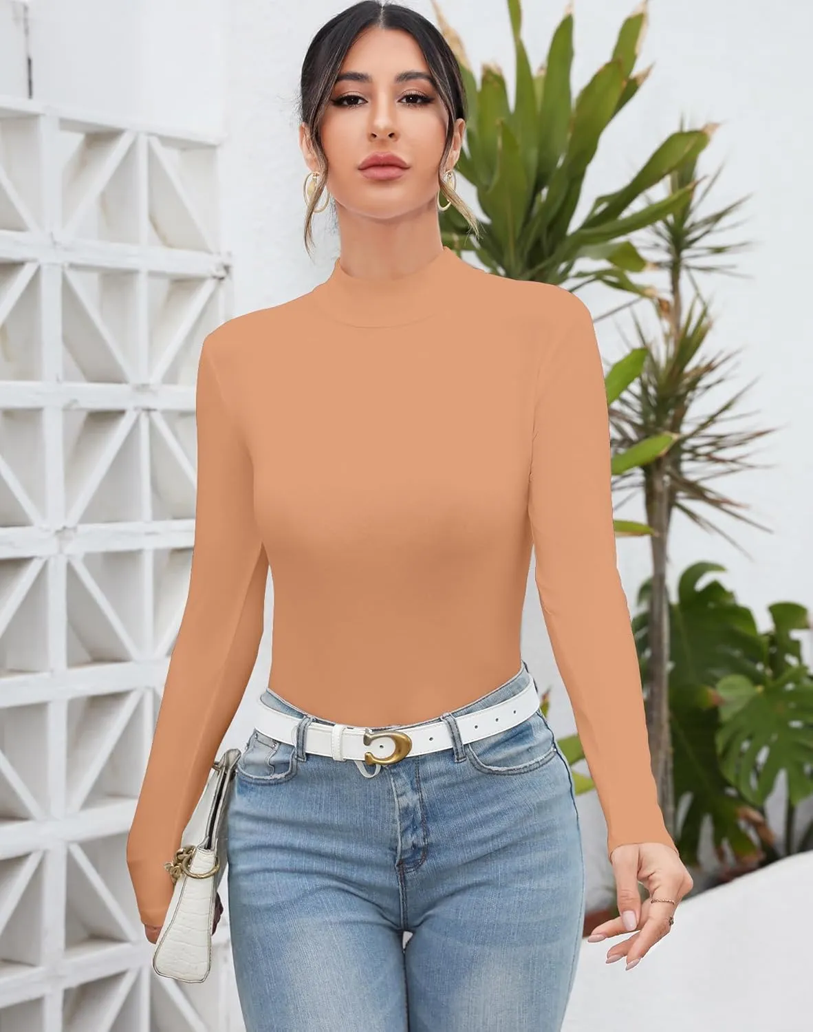 MANGDIUP Women's Mock Turtleneck Long Sleeve Sleeveless Tops Basic Slim T-Shirts