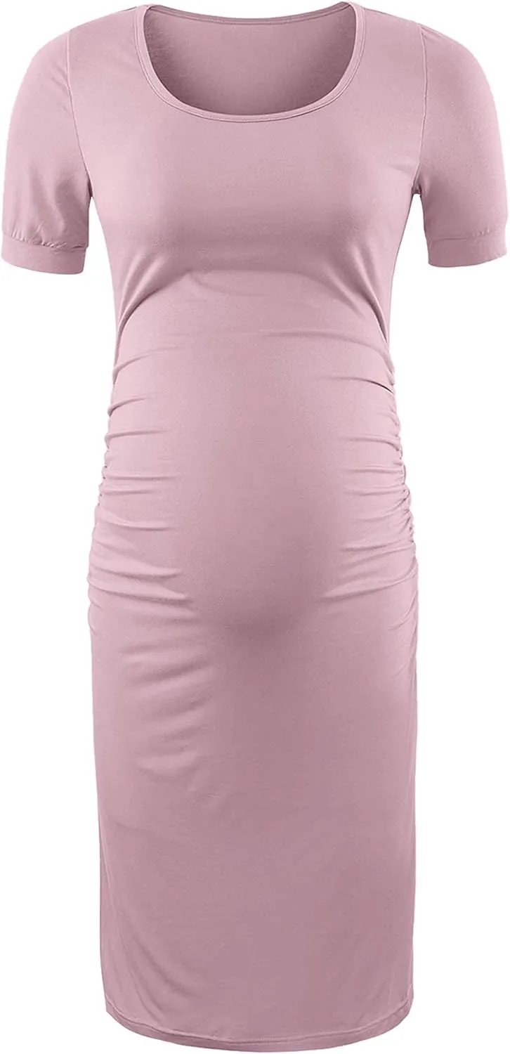 Peauty Everyday Essentials Maternity Bodycon Dress Side Ruch & Short Sleeve Dress for Baby Shower Daily (S-2XL)