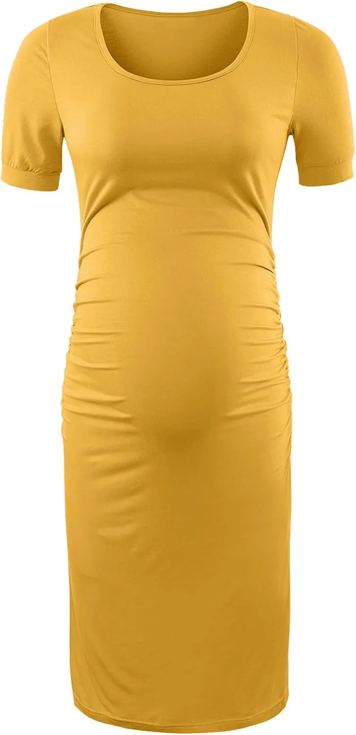 Peauty Everyday Essentials Maternity Bodycon Dress Side Ruch & Short Sleeve Dress for Baby Shower Daily (S-2XL)