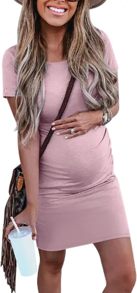 Peauty Everyday Essentials Maternity Bodycon Dress Side Ruch & Short Sleeve Dress for Baby Shower Daily (S-2XL) Peauty Everyday Essentials Maternity Bodycon Dress Side Ruch & Short Sleeve Dress for Baby Shower Daily (S-2XL)