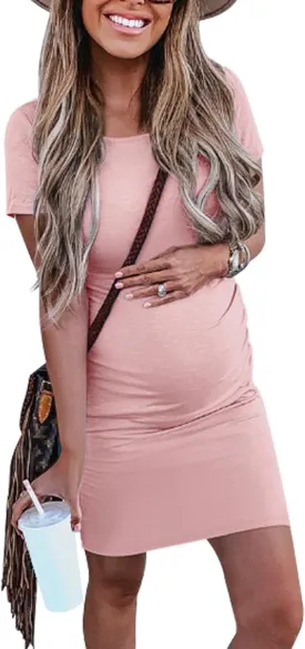 Peauty Everyday Essentials Maternity Bodycon Dress Side Ruch & Short Sleeve Dress for Baby Shower Daily (S-2XL) Peauty Everyday Essentials Maternity Bodycon Dress Side Ruch & Short Sleeve Dress for Baby Shower Daily (S-2XL)