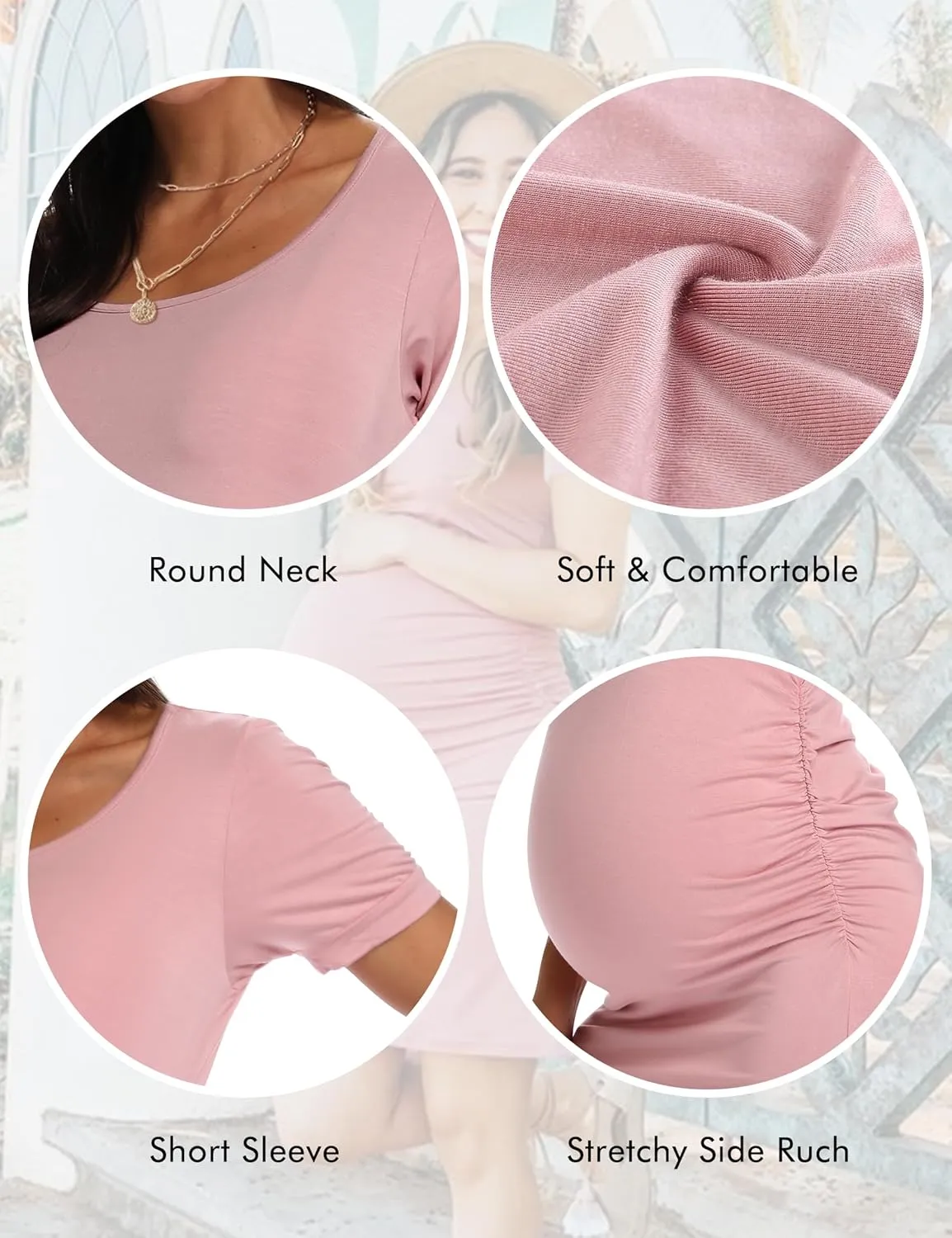 Peauty Everyday Essentials Maternity Bodycon Dress Side Ruch & Short Sleeve Dress for Baby Shower Daily (S-2XL)