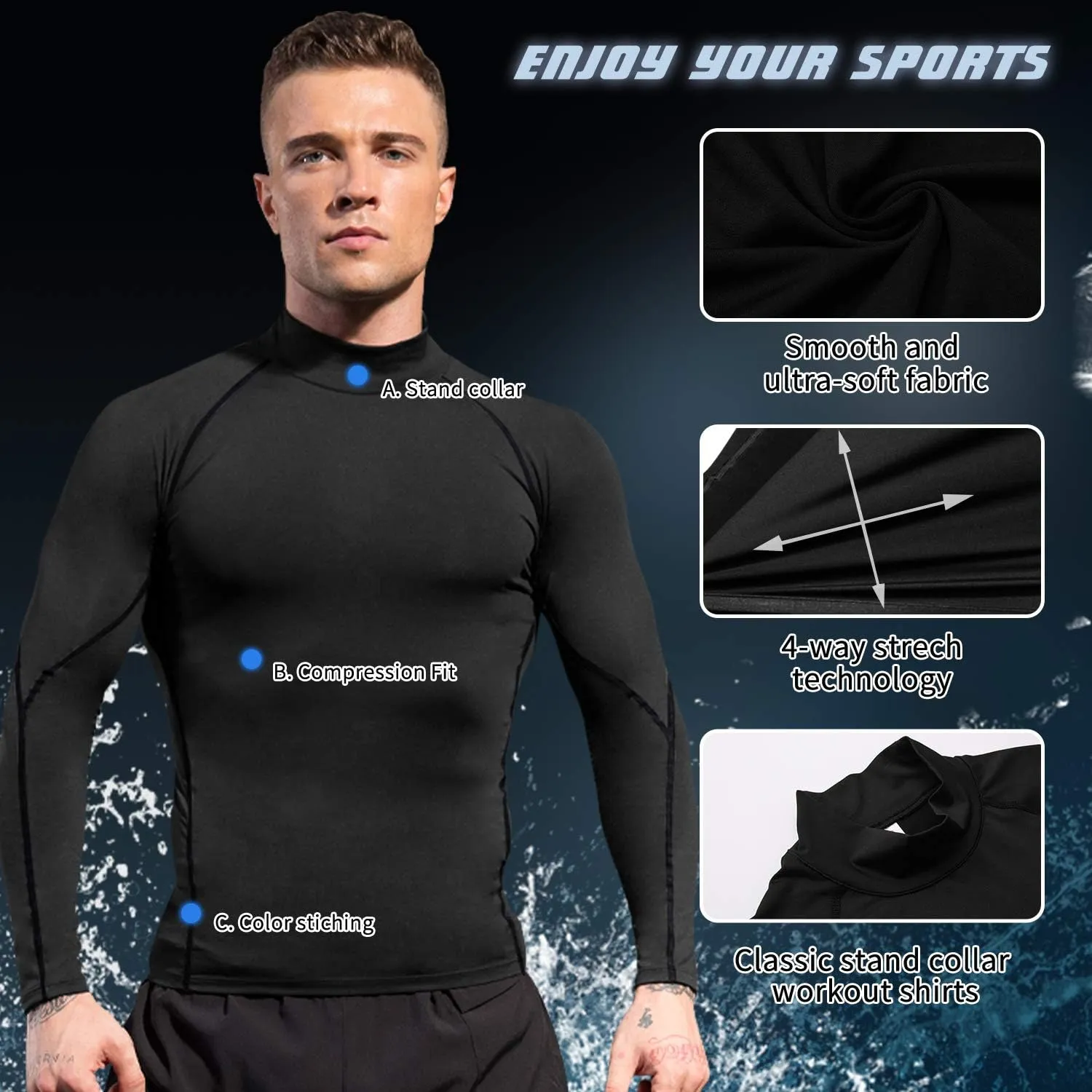SPVISE 1 or 2 Pack Men's Compression Shirts Long Sleeve Athletic Workout T-Shirts Cool Dry Undershirts Turtle Neck Gym Tops