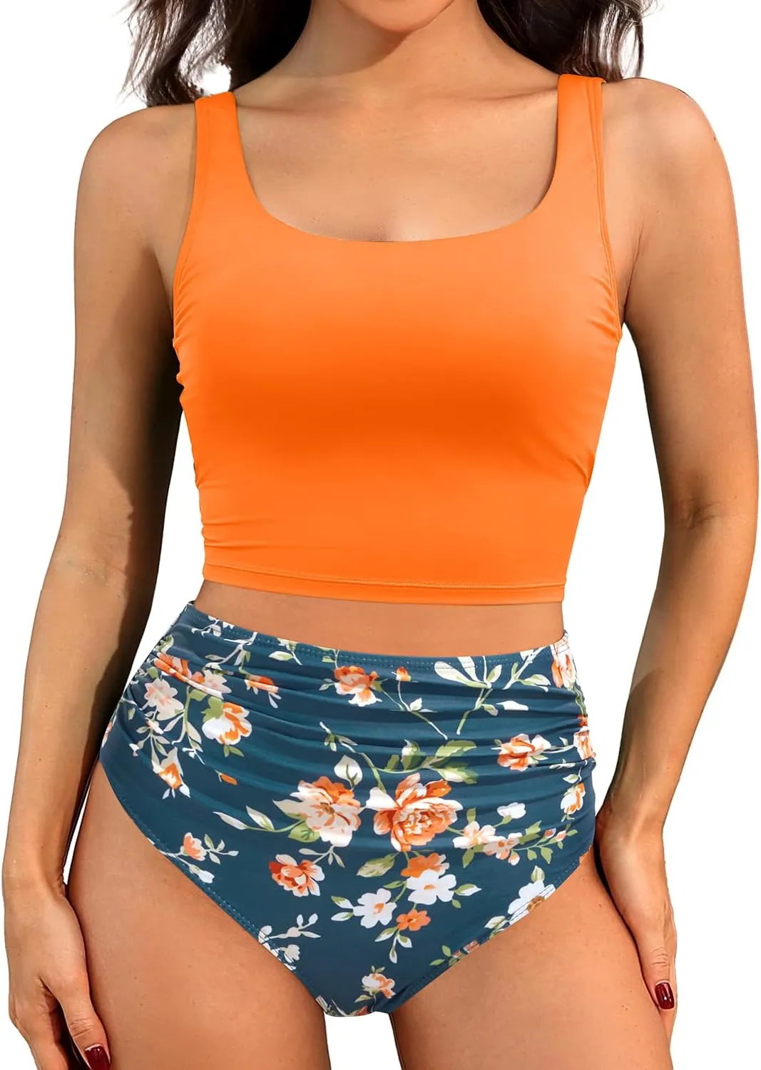 Tempt Me Women Two Piece Tankini Swimsuits - Crop Swim Top with High Waisted Bottom Tummy Control Bathing Suits Swimwear