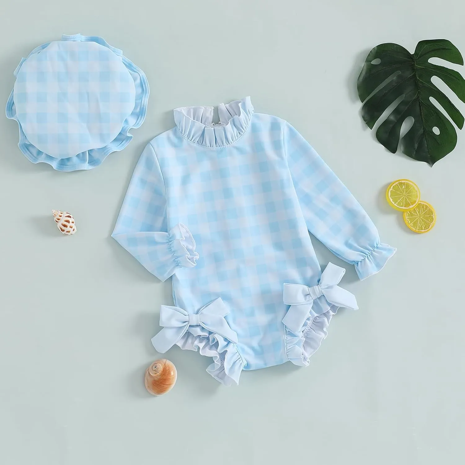 Toddler Baby Girl One Piece Swimsuit Checkered Print Long Sleeve One Piece Rash Guard Ruffle Swimsuit with Hat Set