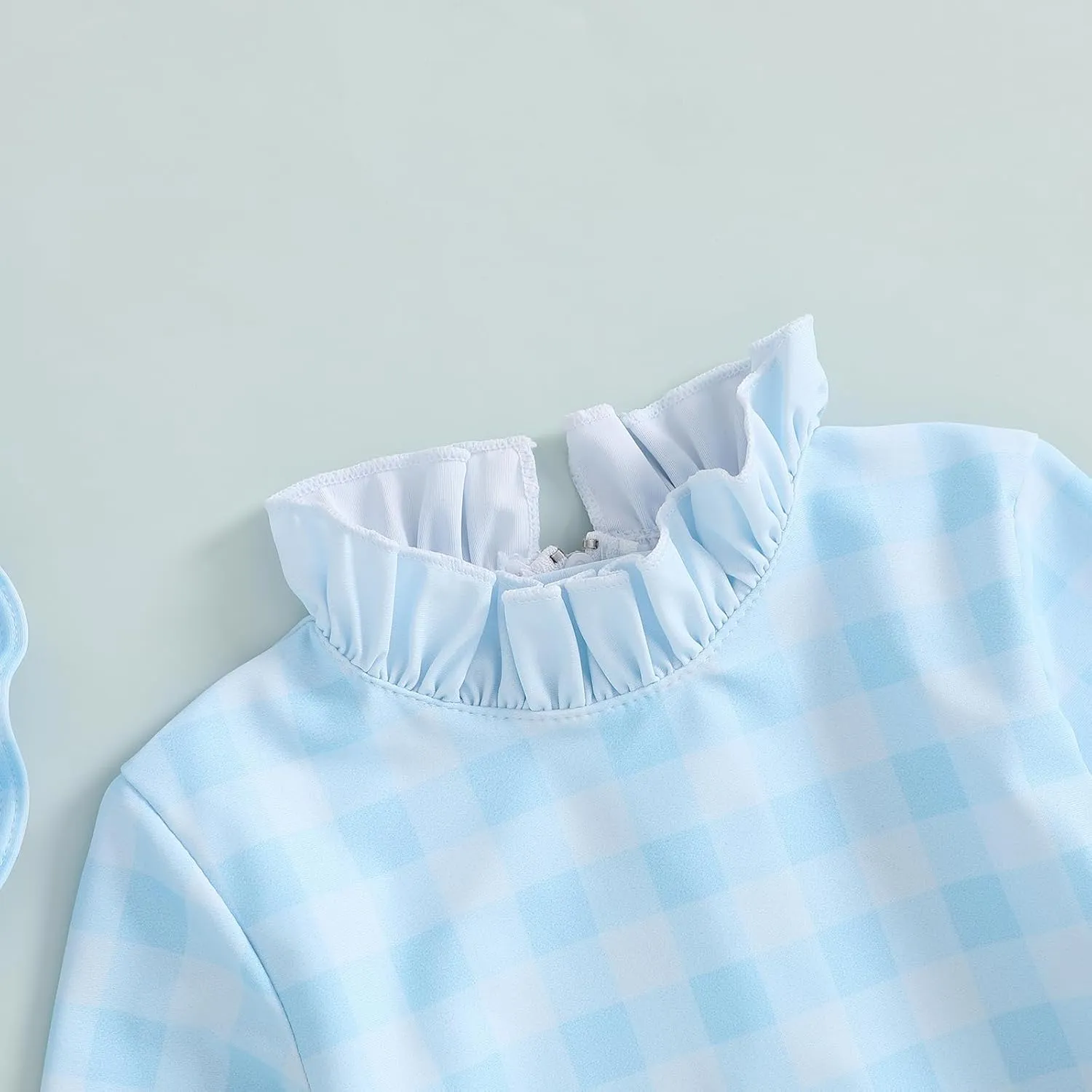 Toddler Baby Girl One Piece Swimsuit Checkered Print Long Sleeve One Piece Rash Guard Ruffle Swimsuit with Hat Set