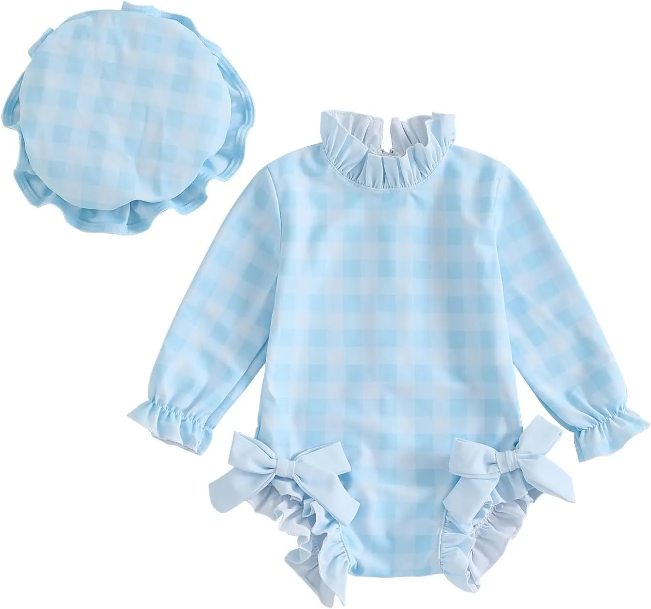 Toddler Baby Girl One Piece Swimsuit Checkered Print Long Sleeve One Piece Rash Guard Ruffle Swimsuit with Hat Set