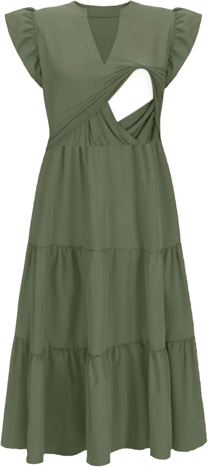 Womens Nursing Midi Dress Breastfeeding Summer Ruffle Sleeveless V Neck Tiered Beach Sundress with Pockets
