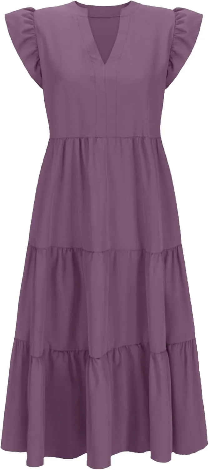 Womens Nursing Midi Dress Breastfeeding Summer Ruffle Sleeveless V Neck Tiered Beach Sundress with Pockets