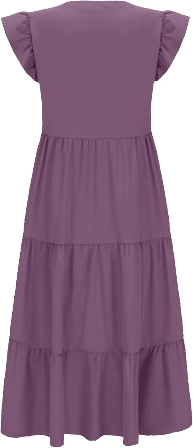 Womens Nursing Midi Dress Breastfeeding Summer Ruffle Sleeveless V Neck Tiered Beach Sundress with Pockets