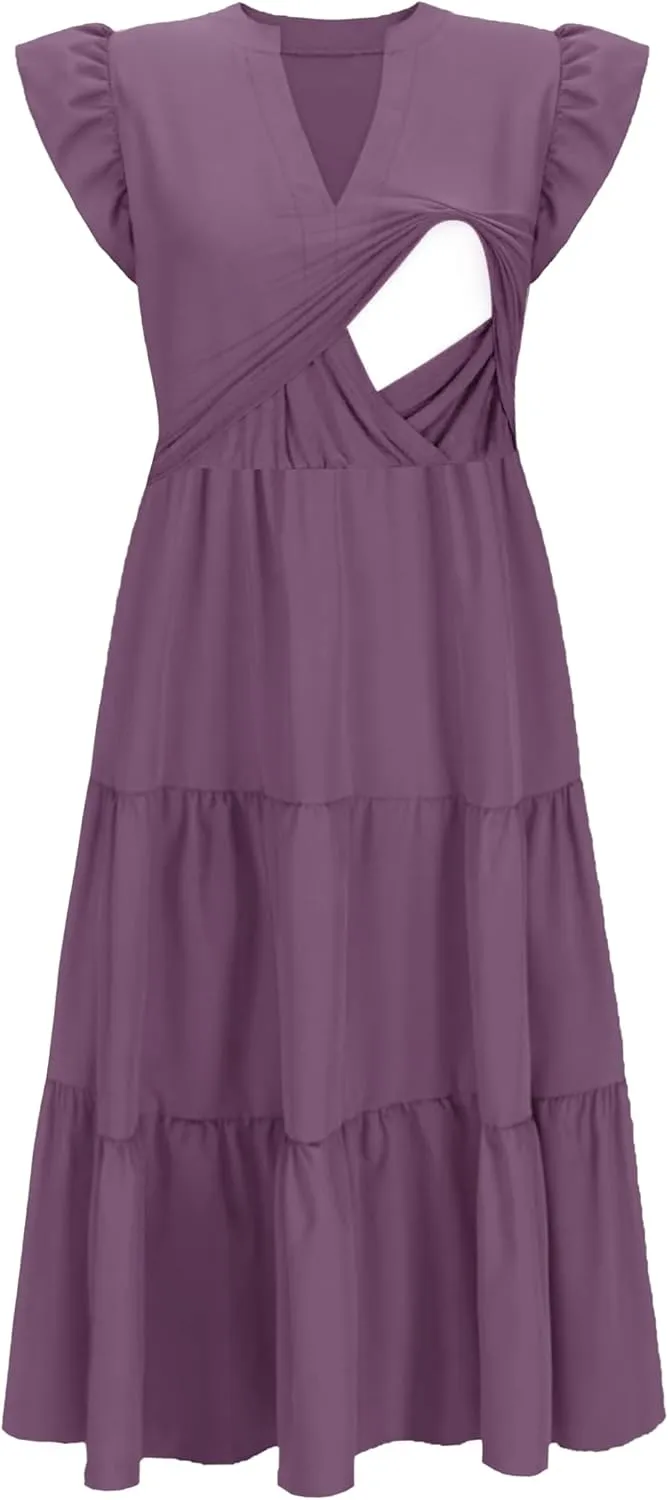 Womens Nursing Midi Dress Breastfeeding Summer Ruffle Sleeveless V Neck Tiered Beach Sundress with Pockets