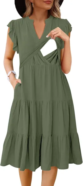 Womens Nursing Midi Dress Breastfeeding Summer Ruffle Sleeveless V Neck Tiered Beach Sundress with Pockets Womens Nursing Midi Dress Breastfeeding Summer Ruffle Sleeveless V Neck Tiered Beach Sundress with Pockets