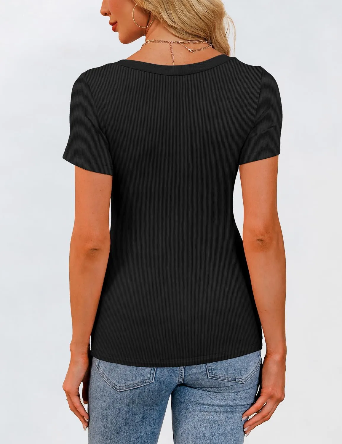 Womens Short Sleeve Tops Scoop Neck Ribbed Slim Fitted Basic Tee Shirts Cute Summer Tops 2025 Trendy Outfits
