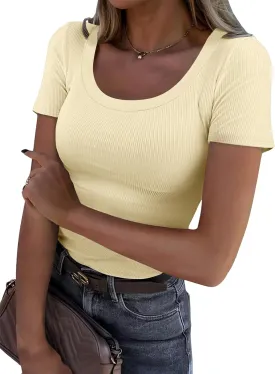 Womens Short Sleeve Tops Scoop Neck Ribbed Slim Fitted Basic Tee Shirts Cute Summer Tops 2025 Trendy Outfits
