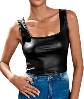 Women's Spaghetti Strap Tank Tops PU Leather Camisole Bralette Bodycon Crop Top Casual Cami Shirt Party Club Wear