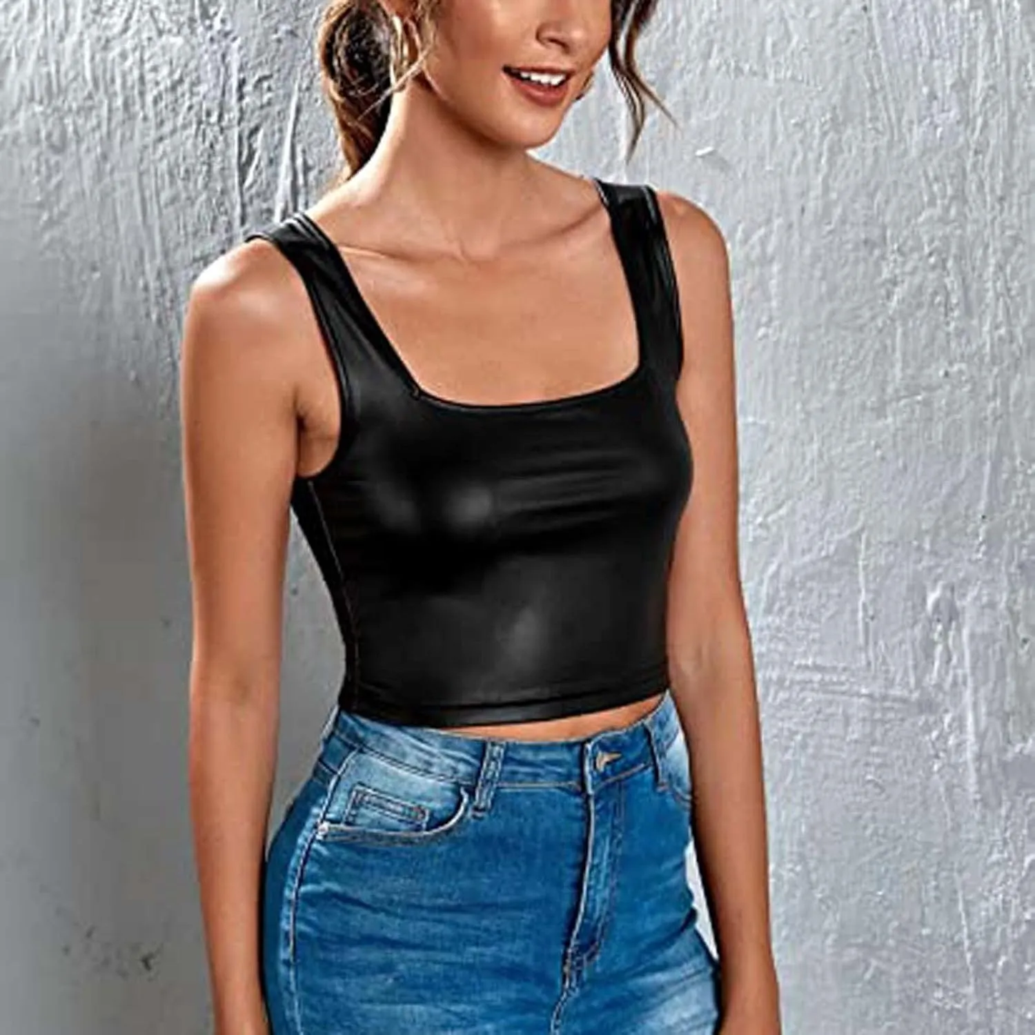 Women's Spaghetti Strap Tank Tops PU Leather Camisole Bralette Bodycon Crop Top Casual Cami Shirt Party Club Wear
